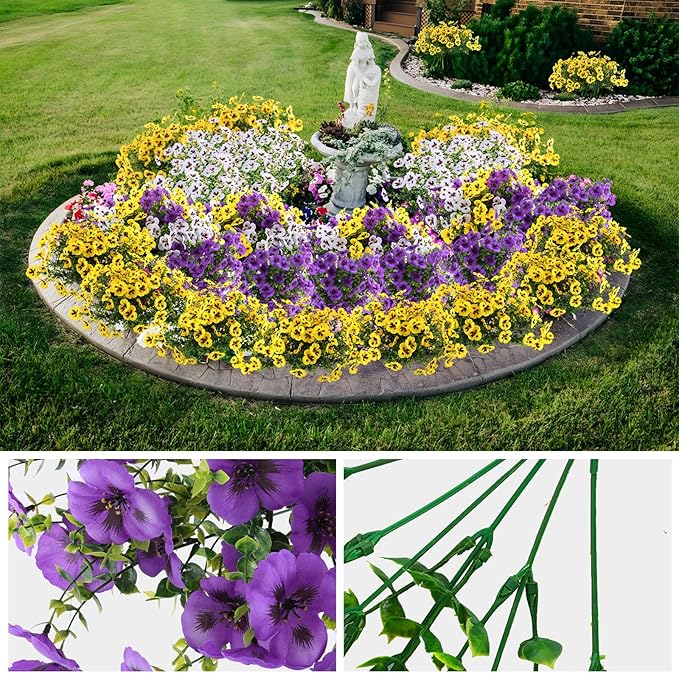 36 Pcs Artificial Fake Pansy Flowers for Outdoor, Faux Silk Pansies Spring Flowers for Outside for Planter Front Door Porch Yard Patio Window Box Home Decor (36, Purple, Yellow, White)