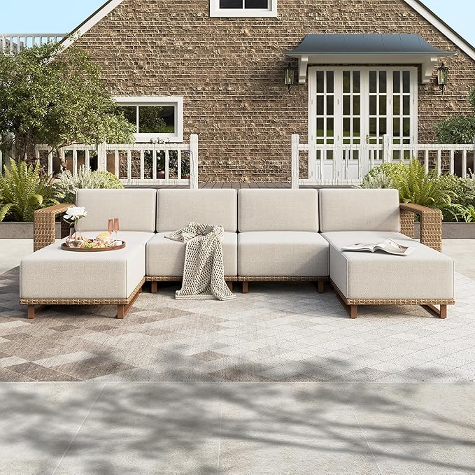 HERA'S HOUSE 6 Pieces Outdoor Rattan Furniture Set, 4 Sectional Patio Wicker Sofa with 2 Ottomans, All Weather Patio Conversation Set with 5.3" Comfy Widened Armrest, 10" Ultra Thick Cushion for Deck