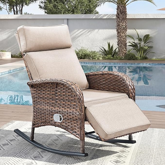 Zero Gravity Patio Rocking Wicker Recliner Chair - Wicker Outdoor Lounge Chair with Adjustable Backrest & Footrest, All Weather Reclining Rocker Chairs with Thick Cushion for Pool Deck Beige