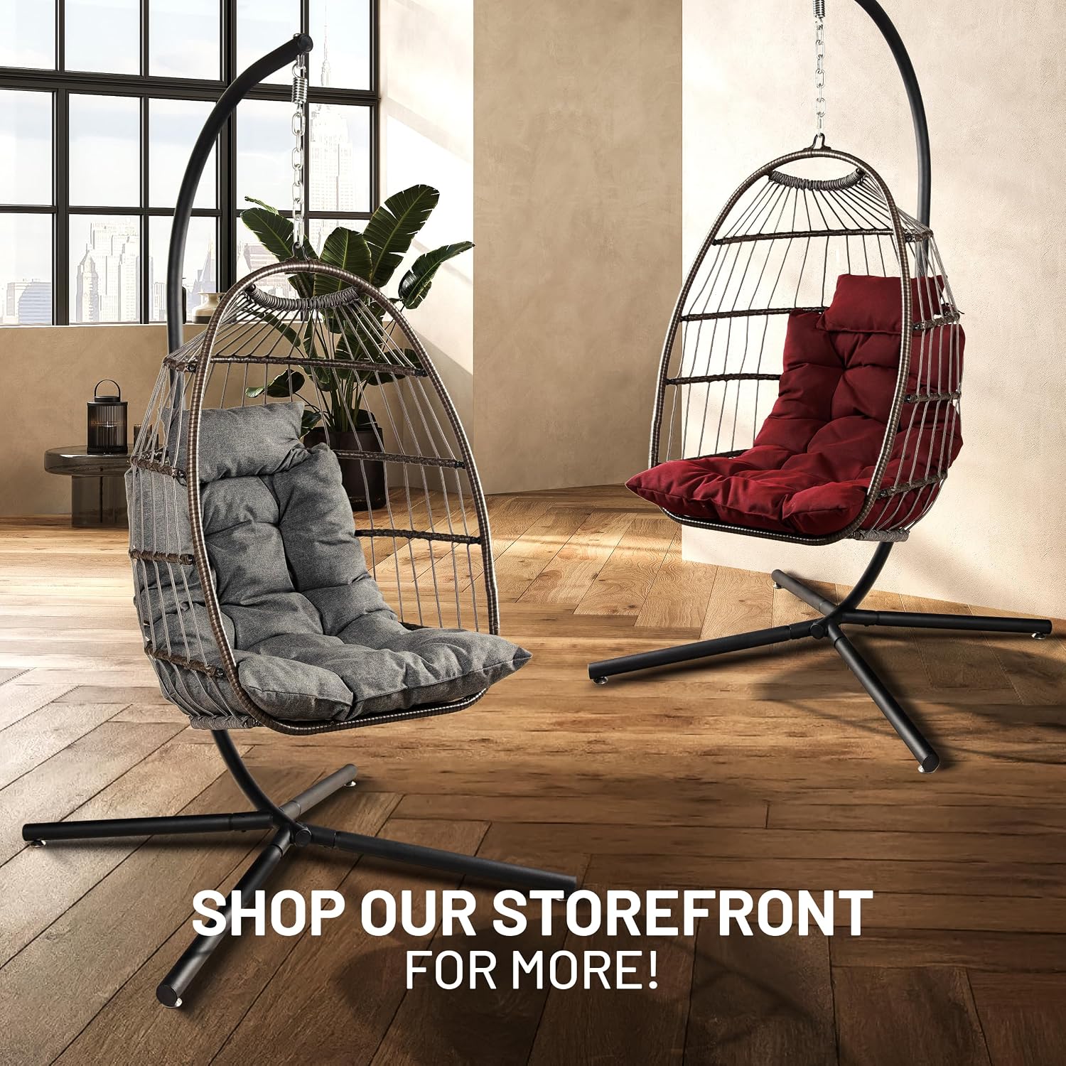 SereneLife Hanging Egg Chair w/Stand - Wicker Rattan Swing, Padded Cushion | Foldable Design, Weather-Resistant Cushion & Padded Headrest Included, 350 lb Capacity, Great for Patio, Backyard & Bedroom.