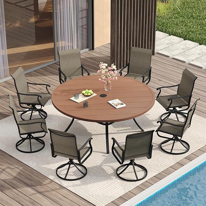 VICLLAX 60" Outdoor Round Patio Table for Lawn Garden, All Weather Metal Round Patio Dining Table with Adjustable Umbrella Hole, Oudoor Table for 8-10 Person, Walnut Wood-Like Tabletop