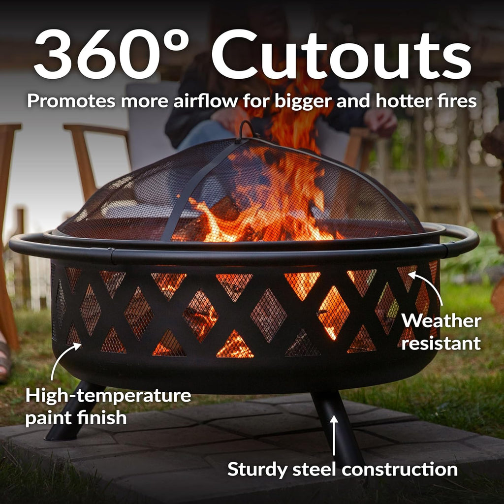 sunnydaze crossweave 36" large outdoor fire pit, wood, side view