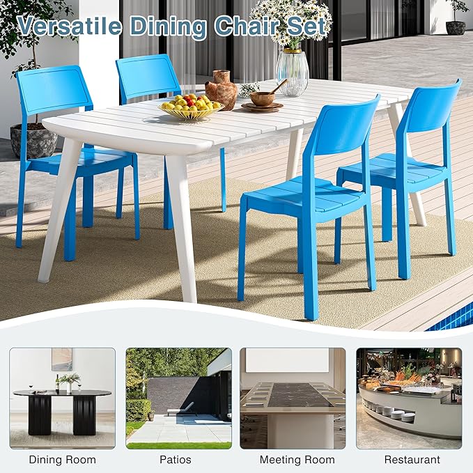 VECELO 4 Pack Stackable Dining Chairs, Plastic Patio Chairs for Indoor Outdoor Use in Kitchen, Poolside, No Assembly, Matte Blue