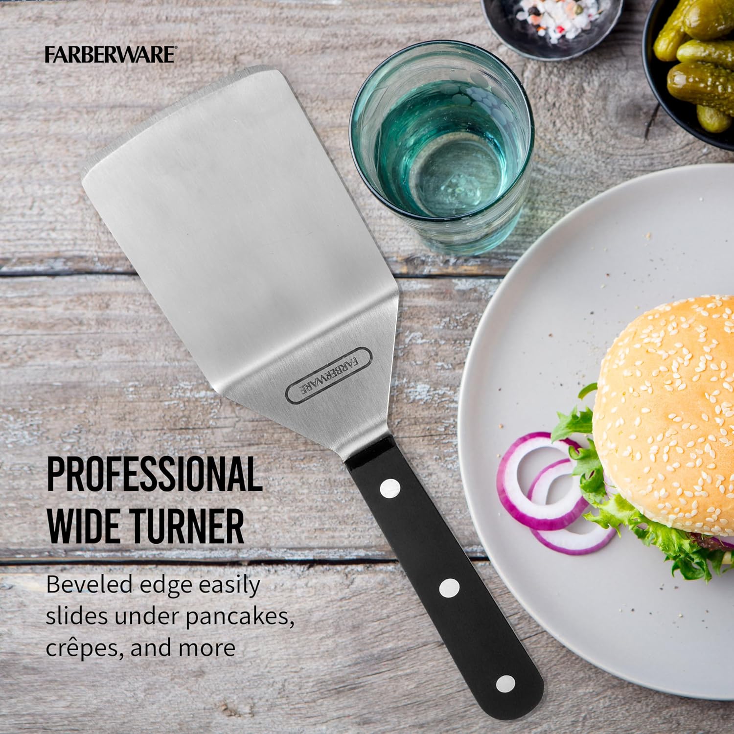 Farberware Pro Triple Rivet Wide Turner - 9.5-Inch Stainless Steel Head Kitchen Spatula with Durable POM Handle & Reinforced Rivets, Ideal Cooking Utensil for Flipping, Lifting & Scraping