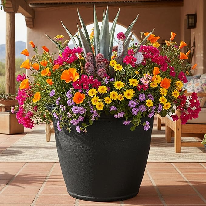 Sunnydaze 20-Inch Anjelica Large Plastic Pot for Plants - Outdoor Double-Walled Large Plastic Planter with Drillable Drainage Holes - Matte Black - 2pk