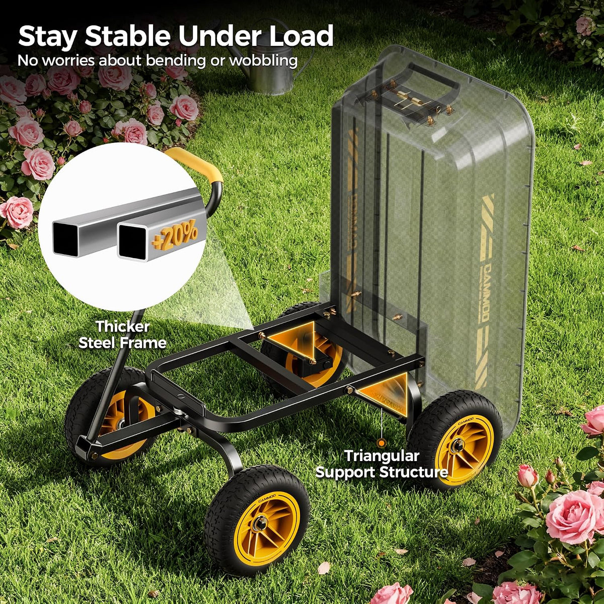 cammoo 10-in no-flat tires 600lb garden dump cart showing dimensions