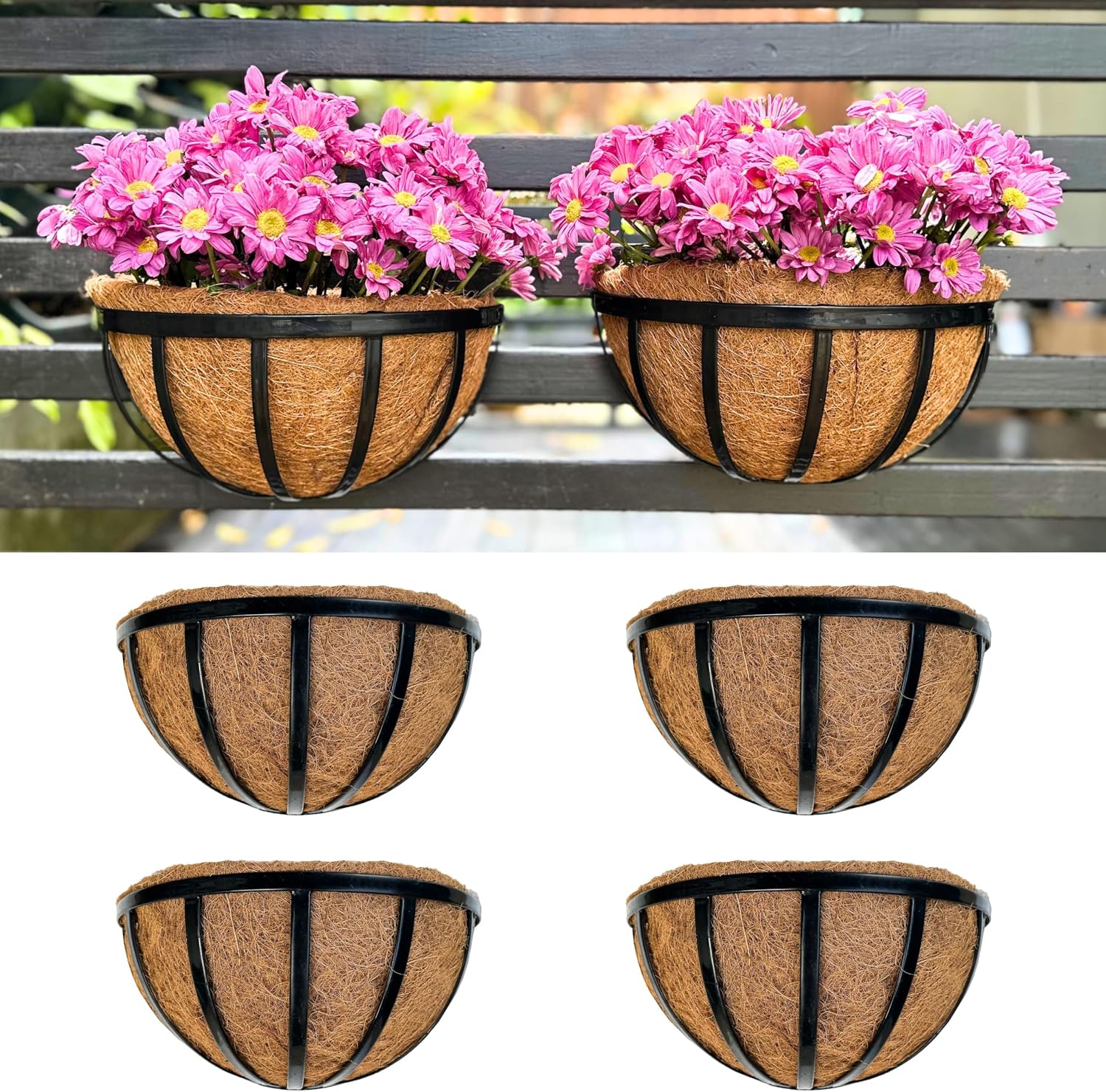 LalaGreen Wall Planters (4 Pack, 12 Inch) Black Metal Deck Railing Planter with Coco Liners, Wall Plant Holder Window Basket Flower Pots for Outdoor Plants, Horse Trough Modern Fence, Balcony, Patio