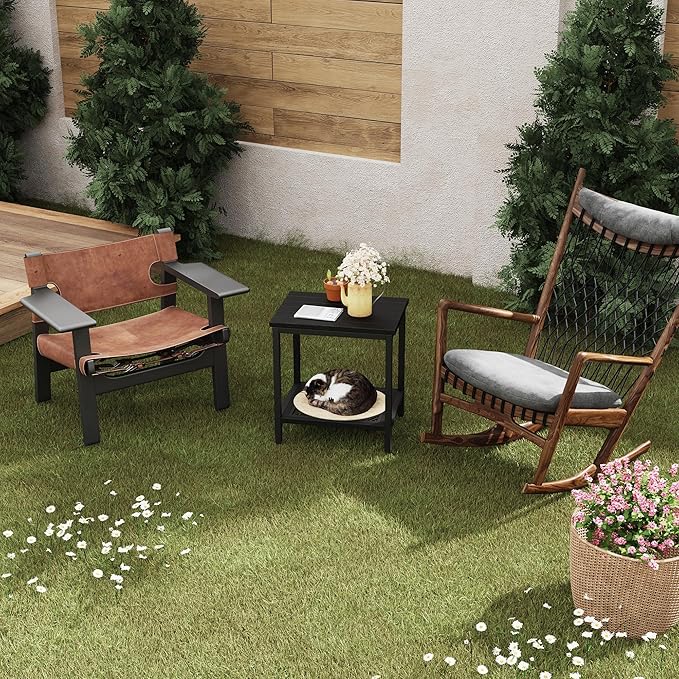 Rectangular Outdoor Side Table with Storage, 2-Tier Patio End Table Weather Resistant, Black Outdoor Accent Table, Small Porch Tables for Pool, Deck, Garden (Black 2PC)