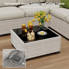 9 Piece Outdoor Patio Furniture Set with 28'' Fire Pit Table, Outdoor Sectional Furniture, Rattan & Wicker Modern Modular Conversation Set Sofa Couch W/Water Resistant Washable Thick Cushions, Beige