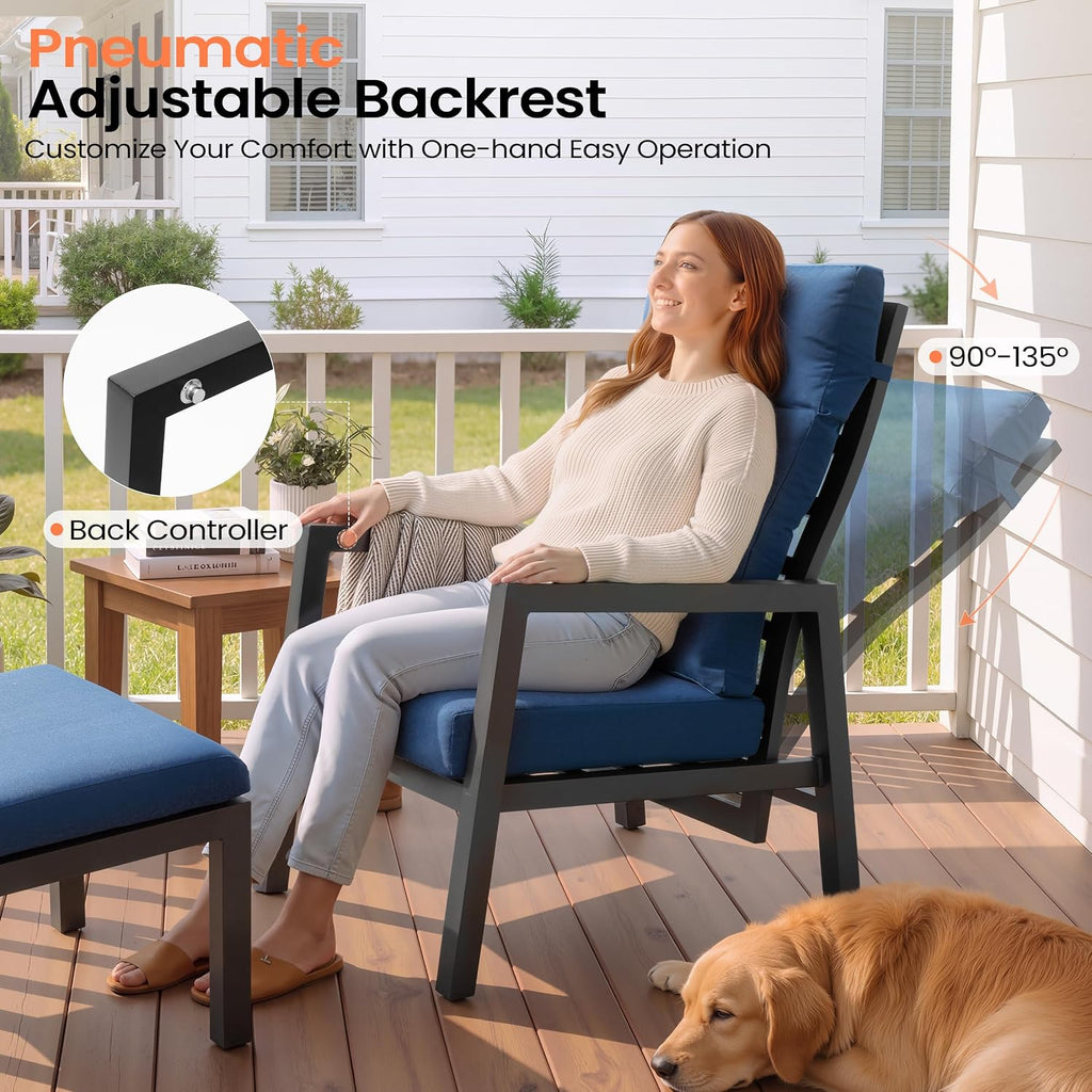 Pellebant Aluminum Outdoor Recliner Chair with Pneumatically Adjustable Backrest - Weather-Resistant Patio Lounge Chair, 4.7-Inch Thick Removable Cushions for Deck, Porch & Backyard, Navy Blue
