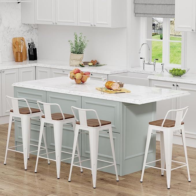 Yongchuang 26 inch Metal Bar Stools Set of 4 Counter Height Barstools Farmhouse Kitchen Bar Chairs with Wood Seat Low Back Cream White