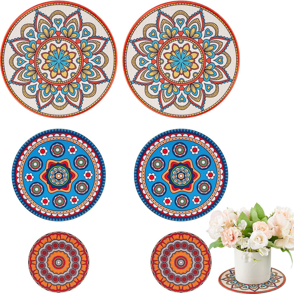Nuanchu 6 Pcs Boho Plant Coasters 3 Size 3.94" 5.9" 7.87" Rubber Absorbent Non Slip Pot Mats Indoor Round Plant Decorative Pads Gardening Outdoor Patio Mandala Flower Protect Mat for Table Desk Floor