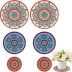 Nuanchu 6 Pcs Boho Plant Coasters 3 Size 3.94" 5.9" 7.87" Rubber Absorbent Non Slip Pot Mats Indoor Round Plant Decorative Pads Gardening Outdoor Patio Mandala Flower Protect Mat for Table Desk Floor