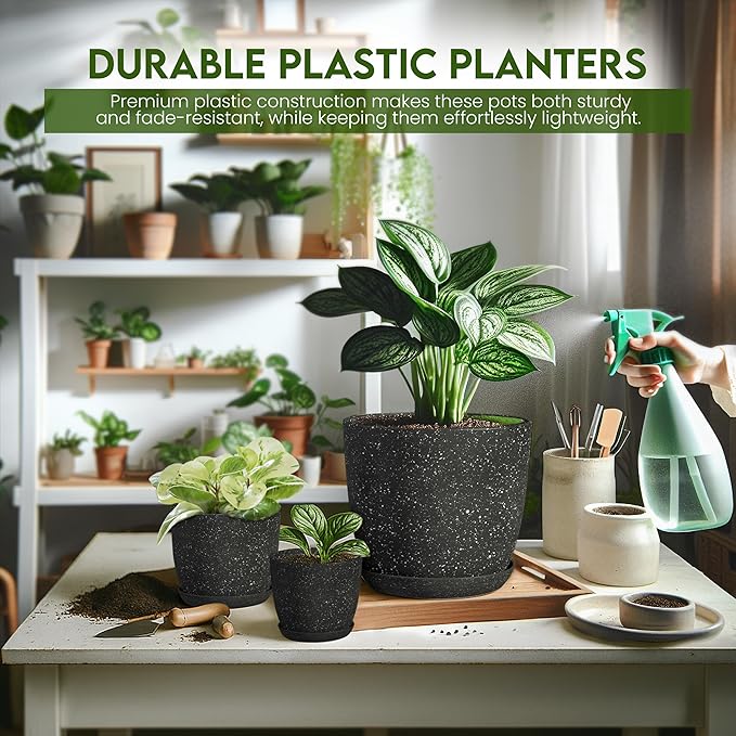 Utopia Home - Spotty Plant Pots Indoor with Drainage - 7/6.6/6/5.3/4.8 Inches Flower Pots - 5 Pack Plastic Planters - Ideal for Stocking Stuffers - (Speckled Black, Pack of 5)
