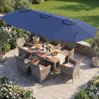 Tangkula 9 Pieces Rattan Outdoor Dining Set with 13Ft Solar Patio Umbrella for 6, Outdoor Wicker Table Set with 8 Cushioned Chairs, Acacia Wood Top, Outdoor Umbrella with Base Included