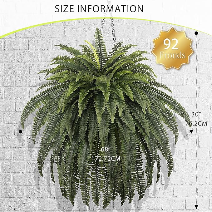 68" Artificial Ferns for Outdoor, UV Resistant Giant Faux Boston Fern Bush with 92 Fronds, Large Fake Plants Fade Resistant for Porch Patio Garden Home Decor