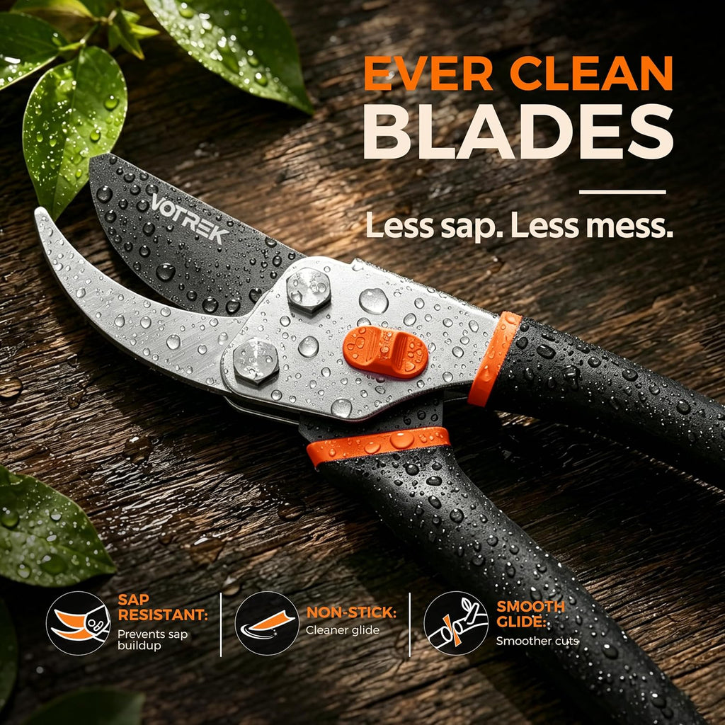 VOTREK® 8.5" Bypass Pruning Shears, Jam-Proof Spring Clippers for branches | Sharp & Anti-Rust SK5 Blade, Ergonomic Non-Slip Grip for Weak Hands, Garden Pruner for Rose, Bonsai, Heavy Duty Tree Trimming