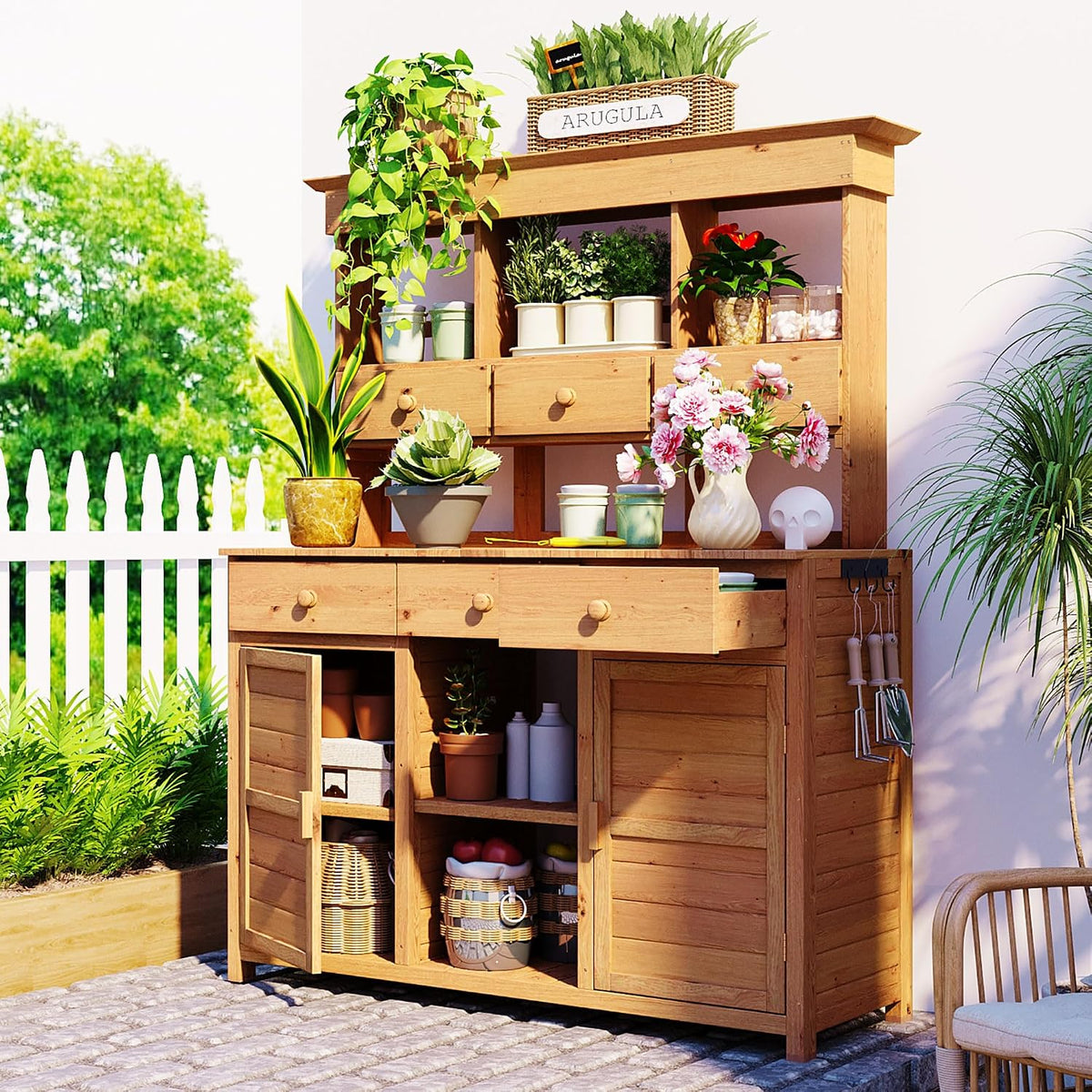 lumisol garden potting bench table with hutch, solid, main product view