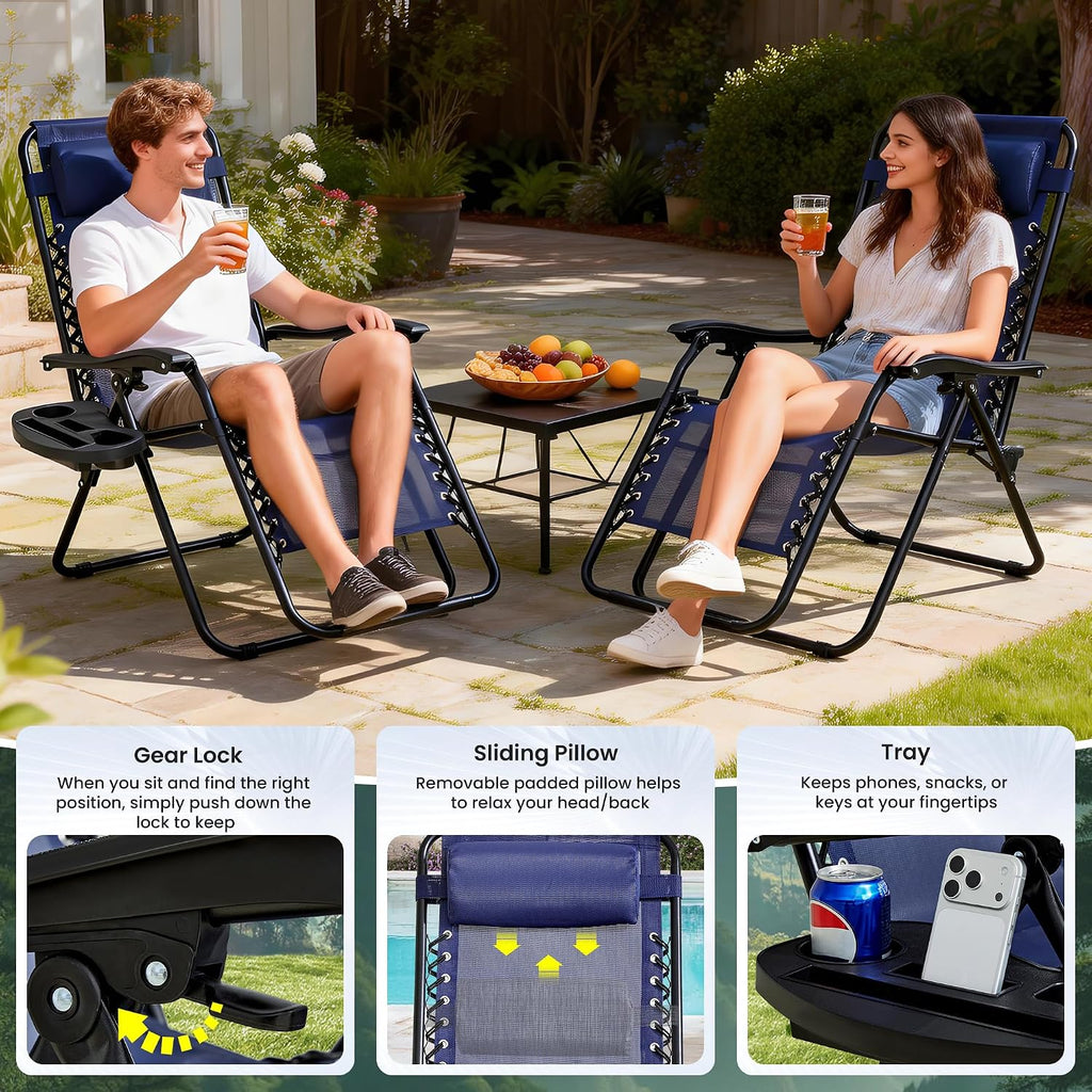 2-Pack Zero Gravity Lounge Chair Recliners - Adjustable Steel Frame with Removable Headrests & Cup/Phone/Tablet Trays - 330LBS Capacity - Navy Blue