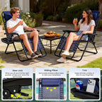 2-Pack Zero Gravity Lounge Chair Recliners - Adjustable Steel Frame with Removable Headrests & Cup/Phone/Tablet Trays - 330LBS Capacity - Navy Blue