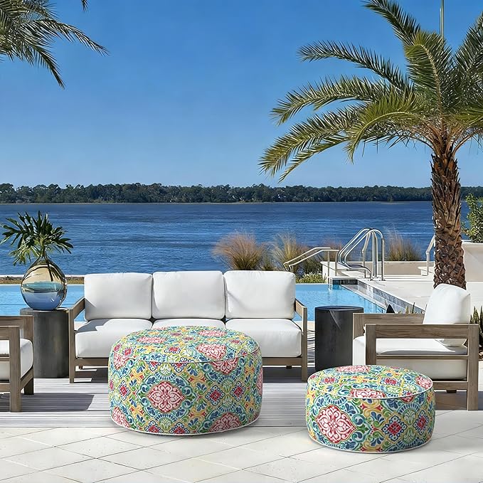 LVTXIII Indoor/Outdoor Extra Large Inflatable Ottoman Pouf D31 x H14 Inch, Round Footstool with Handle, Weather-Resistant Portable Furniture for Patio, Camping, Beach, Damask Red