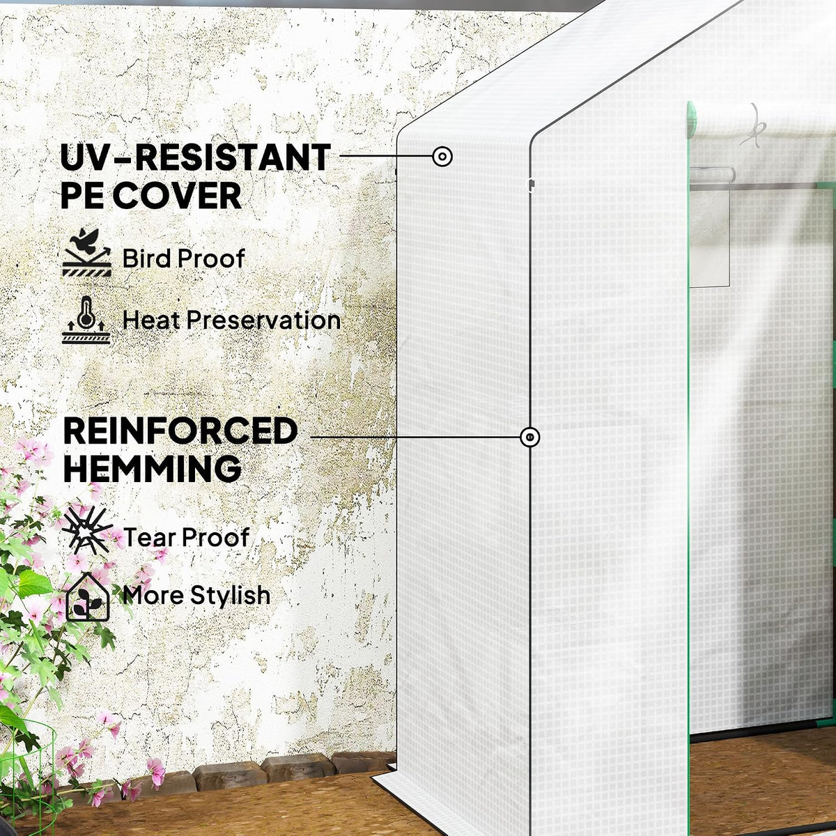 outsunny walk-in greenhouse with 3 tier 4 shelves, side view