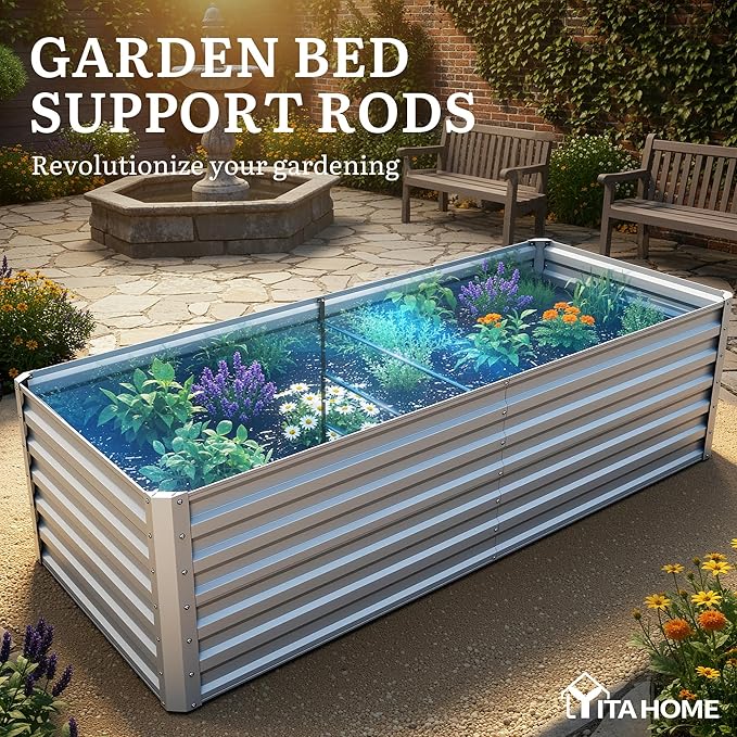 YITAHOME 6x3x2ft Large Raised Garden Bed Kit, Galvanized Metal Planter Box with Gloves, Ground Nails, Support Rod, Outdoor Above Ground Planters for Plants Vegetables Flowers, Silver