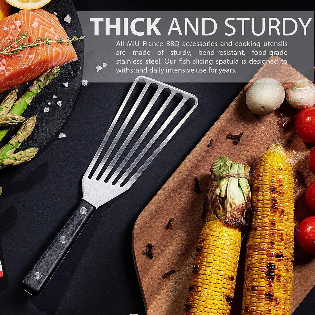 Slotted Stainless Steel Fish Spatula - 11-inch Thin, Heat Resistant with ABS Handle - Turner for Meat, Eggs, Nonstick Cookware