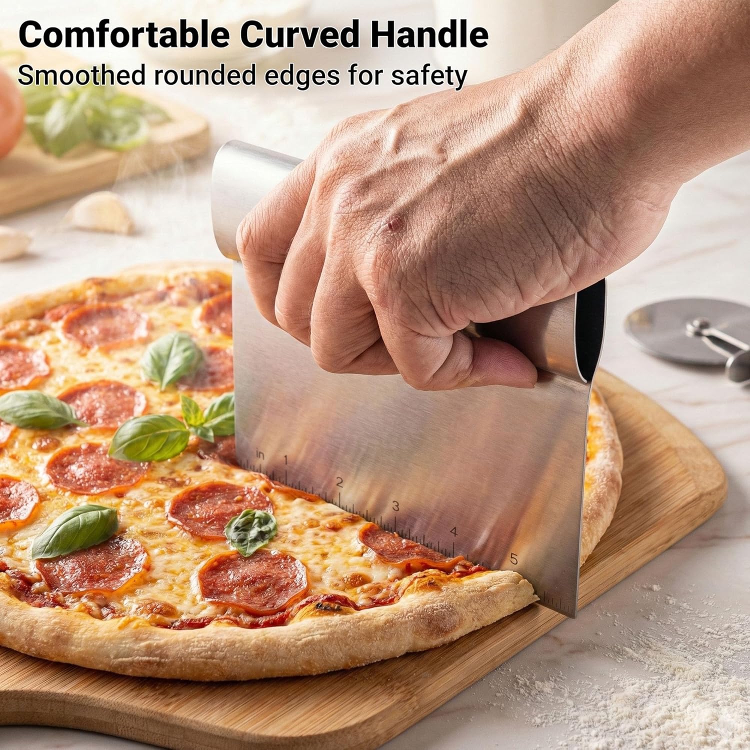 Bench Scraper Kitchen & Dough Scraper Tool - Stainless Steel Multi-Purpose Scraper & Chopper with Laser-Etched Metric Scale - Heavy Duty Pastry Cutter & Griddle Tool for Bread, Pizza & Baking