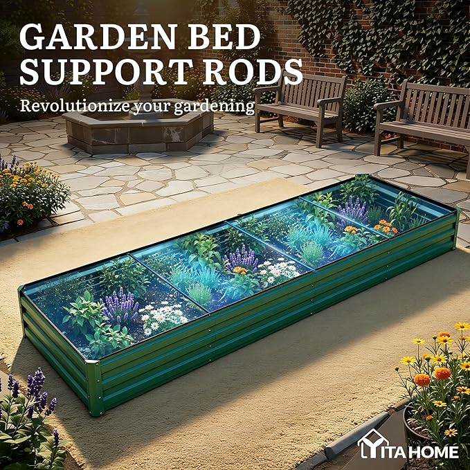 YITAHOME 6pcs 12x4x1 ft Galvanized Raised Garden Bed Kit, Large Metal Planter Box with Gloves, Safety Rubber & Support Rod, Outdoor Flower Bed for Plants Vegetables, Black