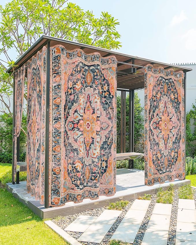 Rustic Boho Outdoor Curtains for Patio Waterproof, Grommet Privacy Curtain Drapes Weatherproof Outside Curtains for Porch GazeboPergola Cabana 2 Panel 54x108inch Ethnic Turkish Floral Geometric