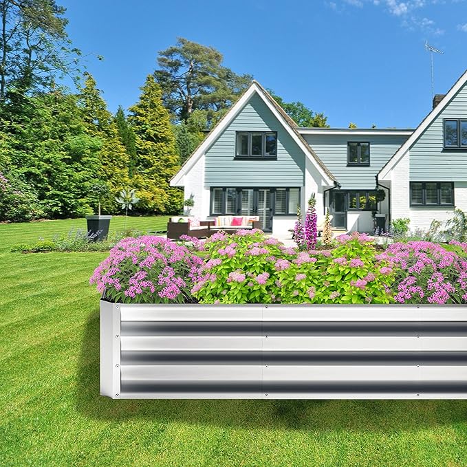 2PCS 8x4x1FT Galvanized Raised Garden Bed,Planter Raised Beds-Metal Garden Box,Large Plant for Outdoor Planting, Vegetables Bed，Flower,herb-Silver