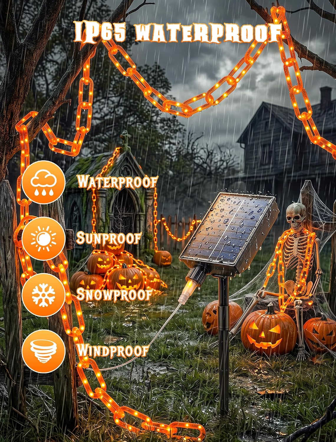 Solar Halloween Chain Lights, 10.4 FT 175 LED Orange Plastic Chain | String Lights with Remote, Waterproof Outdoor Spooky Glowing Halloween Decorations for Yard, Graveyard, Haunted House, Party