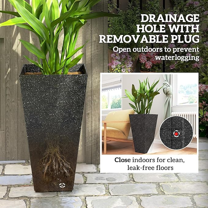 Outsunny 28 Inch Tall Planters for Outdoor Plants, Set of 3 Plastic Flower Pots with Marble Finish and Drainage Holes, Stackable Tapered Large Planters for Indoor Plants, Front Porch Decor, Black