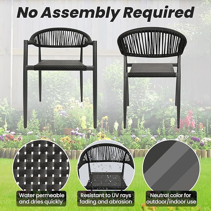 8 Pcs Stackable Patio Dining Chairs, Aluminum Rattan Outdoor Dining Chair with Arms, Woven Rope Garden Armchair Metal No Assembly for Bistro Balcony Porch Deck Yard Cafe Restaurant, Black