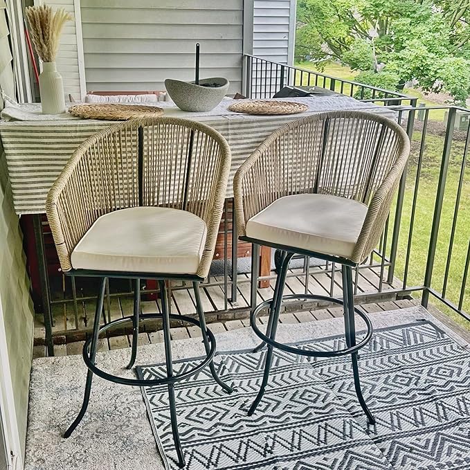 DWVO Outdoor Counter Height Bar Stools Set of 4, Patio Swivel Bar Chairs with Soft Cushions, 360° Rotation, Bar Height Rattan Chairs for Backyard, Poolside, Garden, Beige