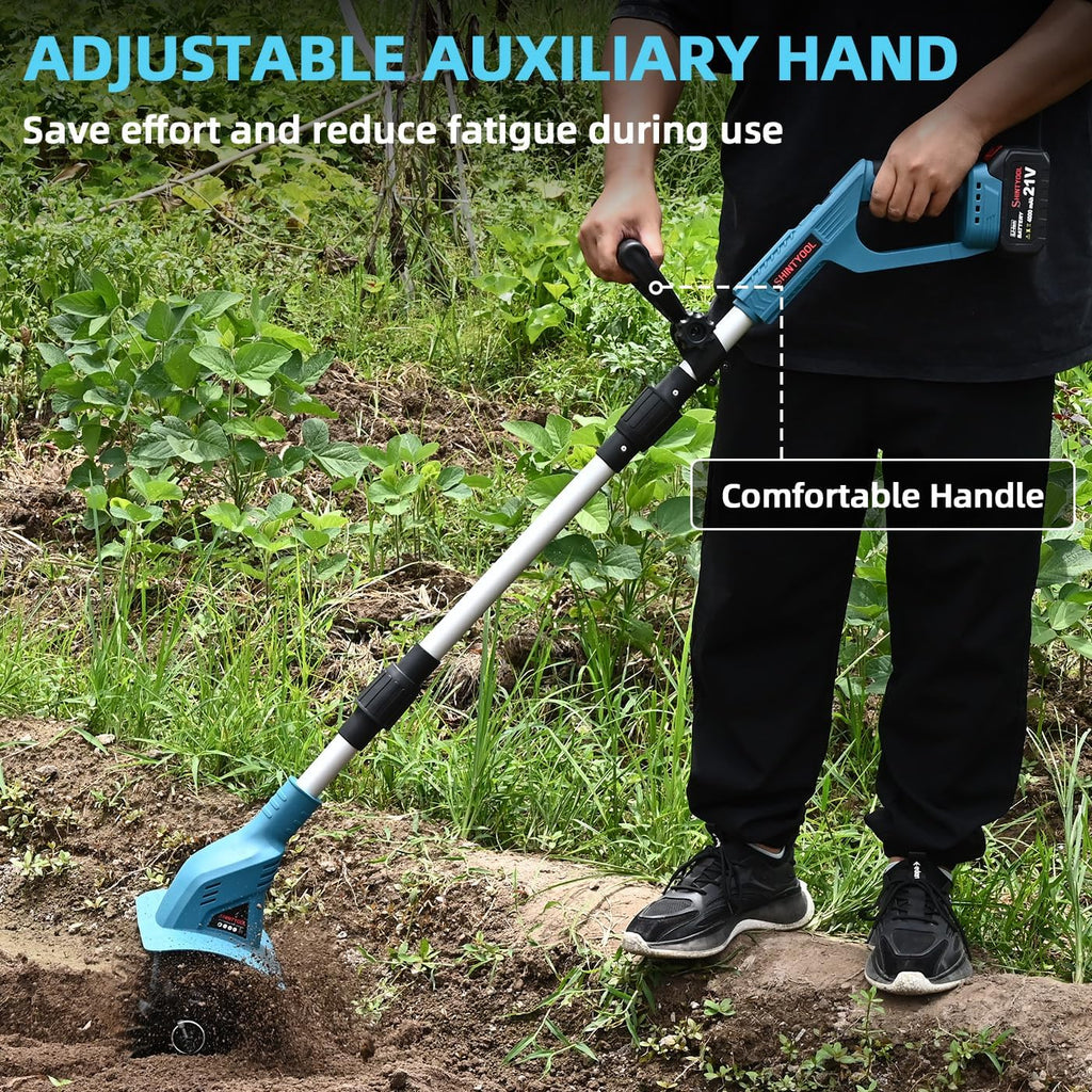 21v cordless tiller cultivator with 4.0 ah battery on a desk or shelf