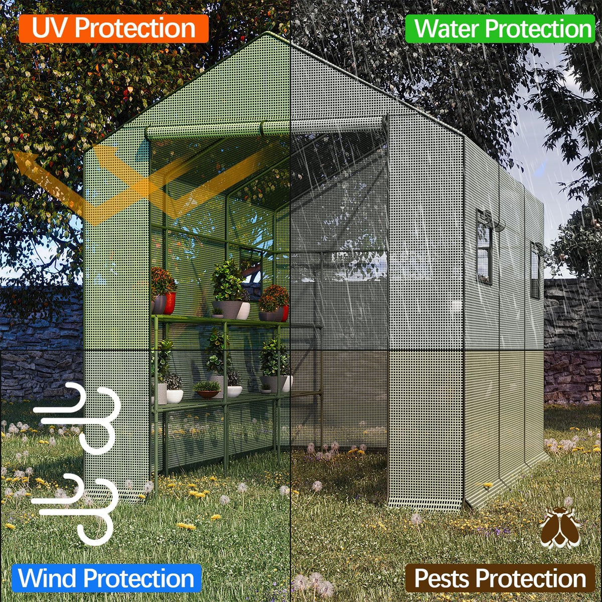 9.75 ft walk-in greenhouse, 18 shelves, waterproof cover, close-up detail