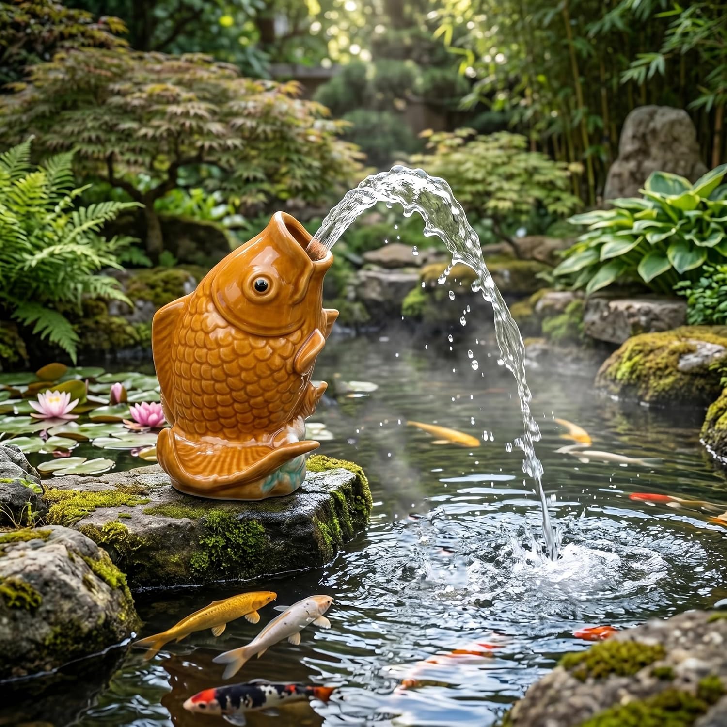 Lifelike Ceramic Koi Fish Pond Spitter, Water Fountain Spout for Small Ponds, Gardens & Pools, Outdoor Water Feature Decor (Style 2)