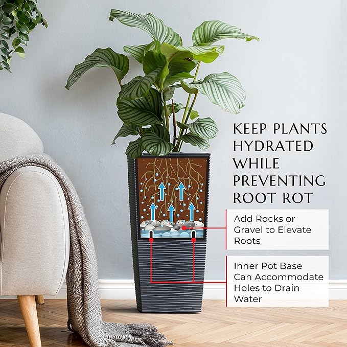 Mueller Janska M-Resin Heavy Duty Tall Planter, Indoor/Outdoor Grande Plant, Tree, Flower Pot, 2-Piece Set, 24”, Modern Design, Built-in Drainage, Dark Gray