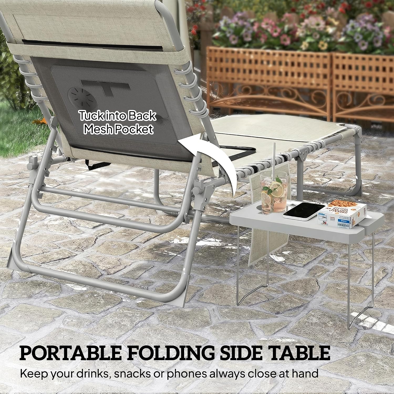 Outsunny Tanning Chair with Face Hole Breathable Mesh Beige | Side Table, Folding, 5-Position Reclining, Chaise Lounge Chair, Outdoor Lounger Recliner, Carry Straps, Beach Pool Camp
