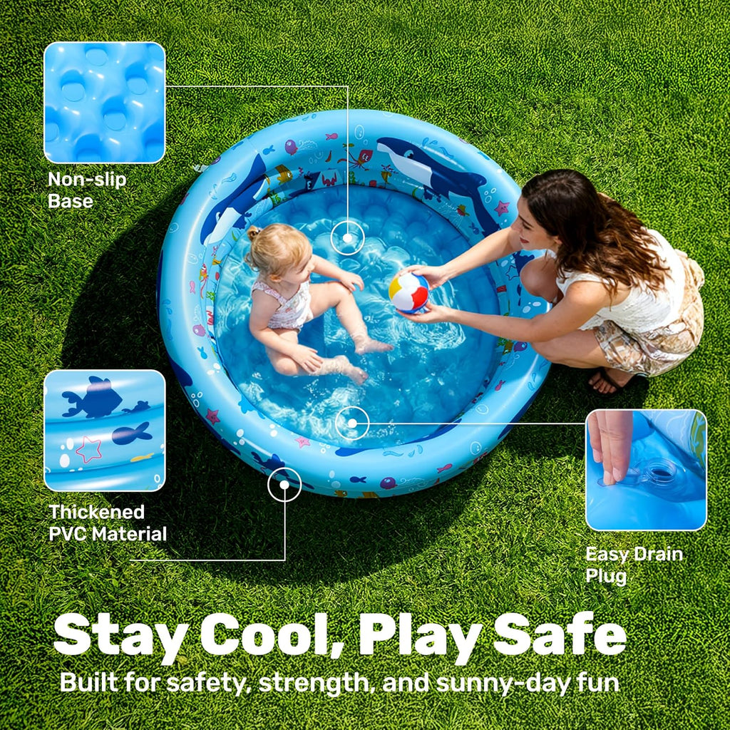 Sloosh Inflatable Kiddie Pool, 34"x10" Blow Up Kid Swimming Pool, 3 Rings Blue Baby Pool for Toddler, Play Pit for Dog with Ocean Whale Pattern for Summer Water Party Backyard Garden(Whale)