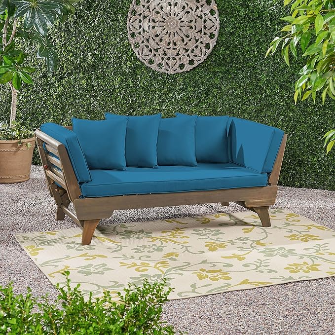 Merax Outdoor Patio Daybed Sofa,3-Seat Sofa with Foldable Arm 4 Back Pillows,Teak Acacia Wood Frame Beige Removable Cushion,Grey+Teal