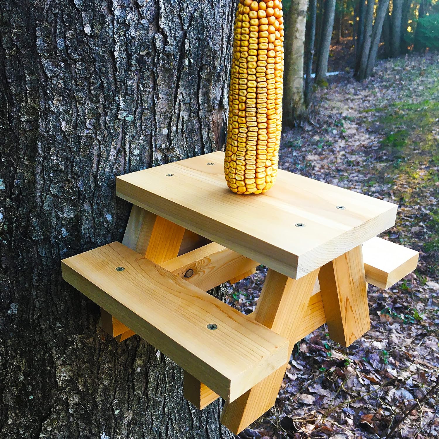 Large Squirrel Picnic Table Feeder - Cedar Squirrel Feeders for Outside Trees, Deck, Fence - Funny Corn Cob Holders, Novelty Hanging Mini Picnic Table for Squirrels, Fun Wooden Chipmunk Bench Platform
