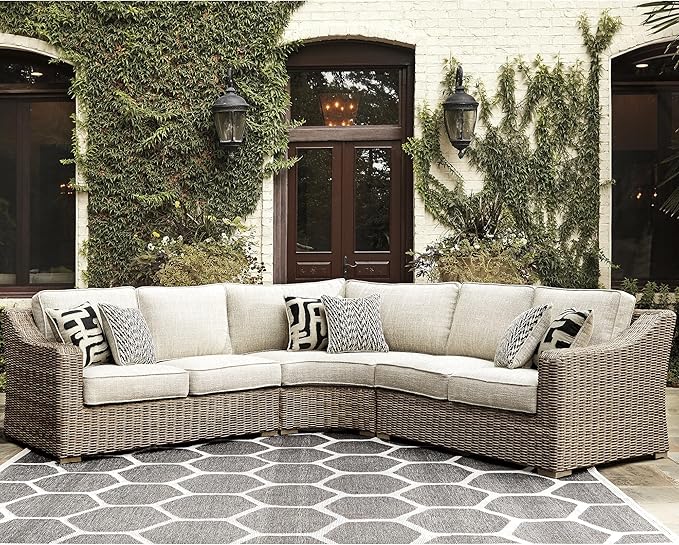 Signature Design by Ashley Beachcroft Costal Nuvella Weather Resistant Fabric 3-Piece Outdoor Seating Set with Zippered Removable Cushions and 6 Accent Pillows, Light Brown & Beige