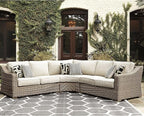 Signature Design by Ashley Beachcroft Costal Nuvella Weather Resistant Fabric 3-Piece Outdoor Seating Set with Zippered Removable Cushions and 6 Accent Pillows, Light Brown & Beige