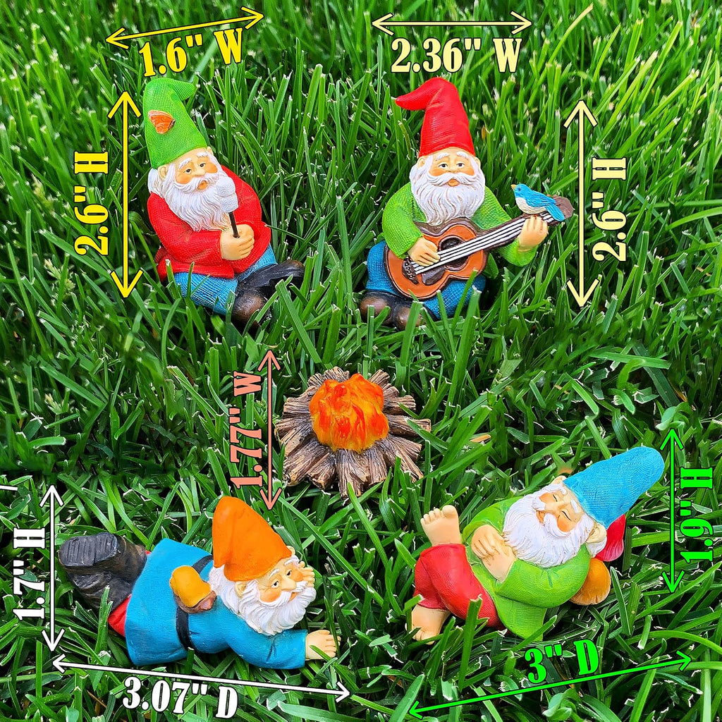 Mood Lab Garden Gnome Figurines - Camping Gnomes Set (5 pcs) - 2.6" H Miniature Decorative Statues & Accessories - Outdoor & Indoor Garden Decor