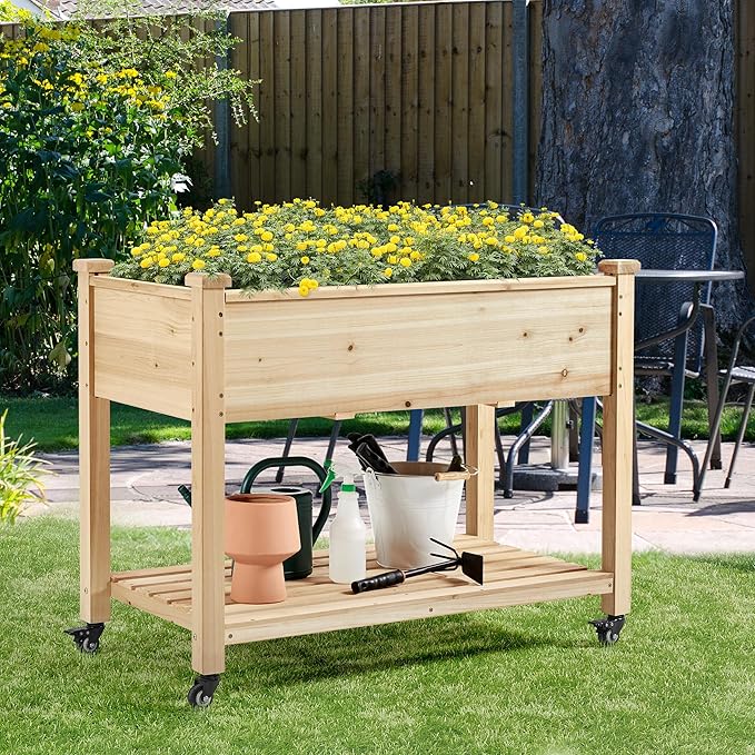 Yaheetech 42x23x33in Wooden Raised Garden Bed with Wheels Horticulture Flower Planter Boxes Elevated Vegetables Growing Bed for Grow Herbs and Vegetables, 2 PCS