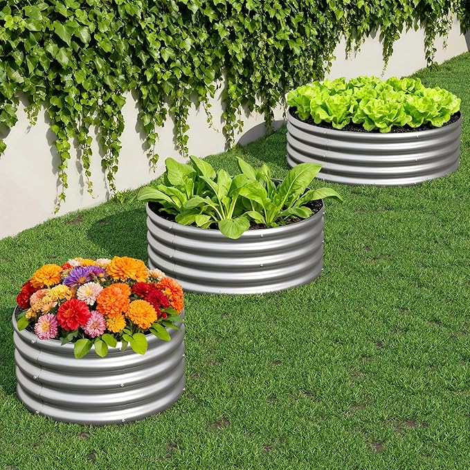2PCS 4x4x1FT Galvanized Raised Garden Bed Kit,Vegetable Boxes-Round Metal Flower Box,Large Planter Raised Beds Outdoor Garden for Planting,Fruit,Herb-Silver