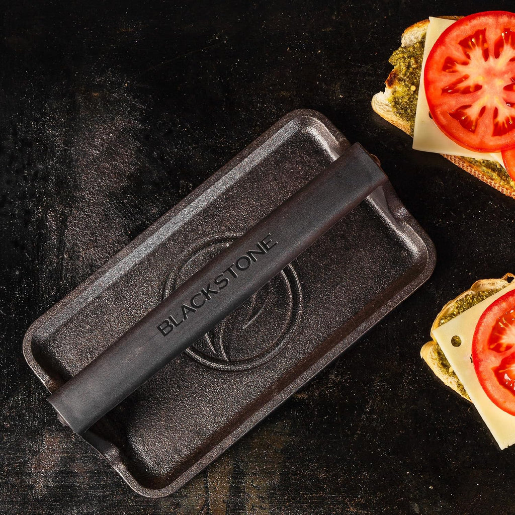 Blackstone 5553 Pre-Seasoned Cast Iron Griddle Press, 10" x 5.5", Black | Medium Heavy Duty, Heat Resistant Rubber Handle, Rectangle, For Meat, Burger, Bacon, Steak, Panini, Sandwich, Sausage